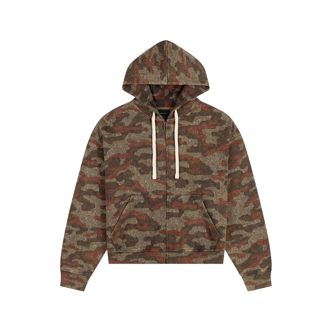 Boxy Multi-Colored Camo Zip Up Hoodie