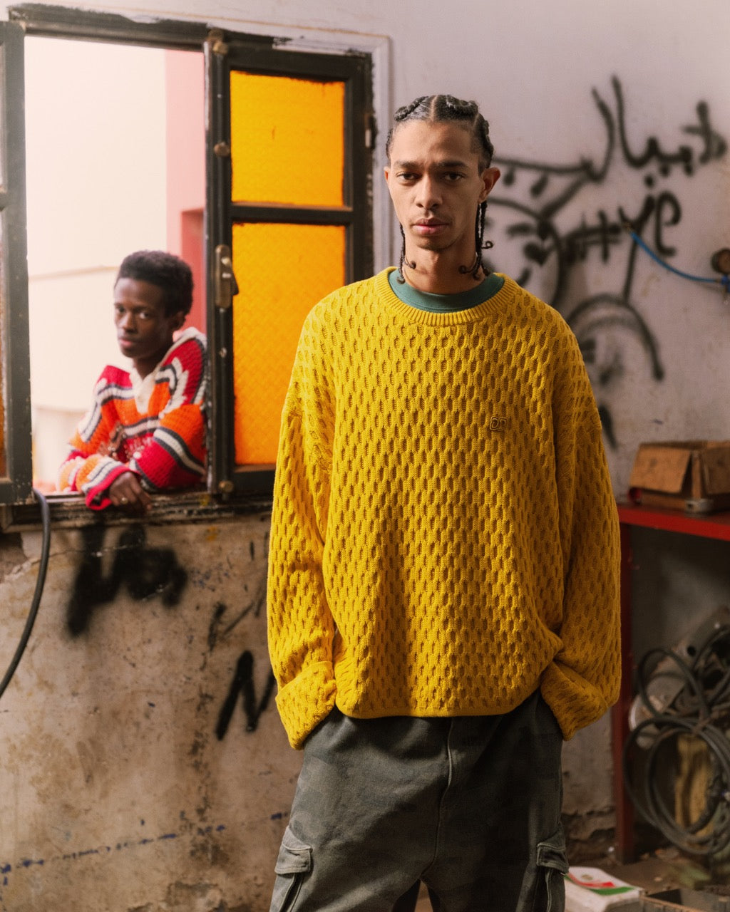 Misted Yellow Dp Badge Flat Knit Sweater