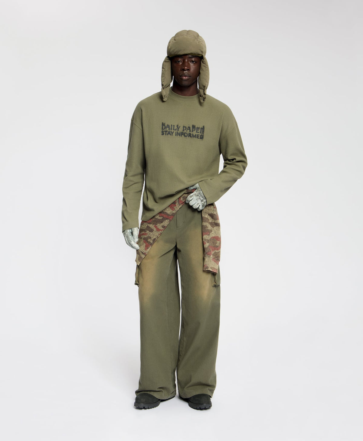 Army Green Waffle Stay Informed Longsleeve