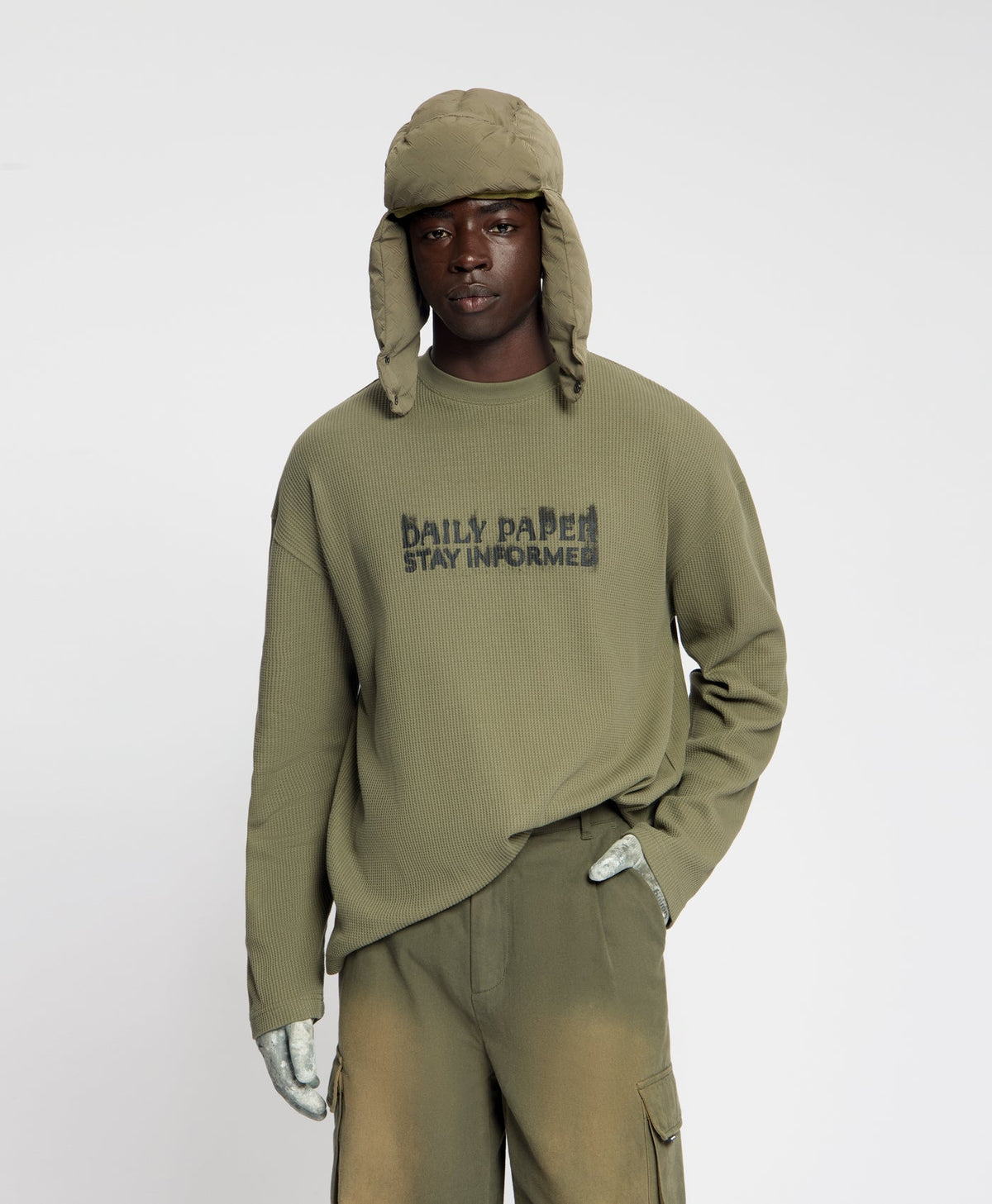 Army Green Waffle Stay Informed Longsleeve