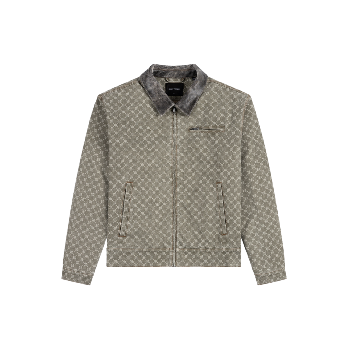Army Green Leather Collar Monogram Workwear Jacket