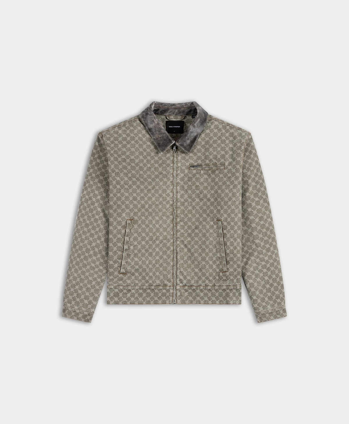 Army Green Leather Collar Monogram Workwear Jacket