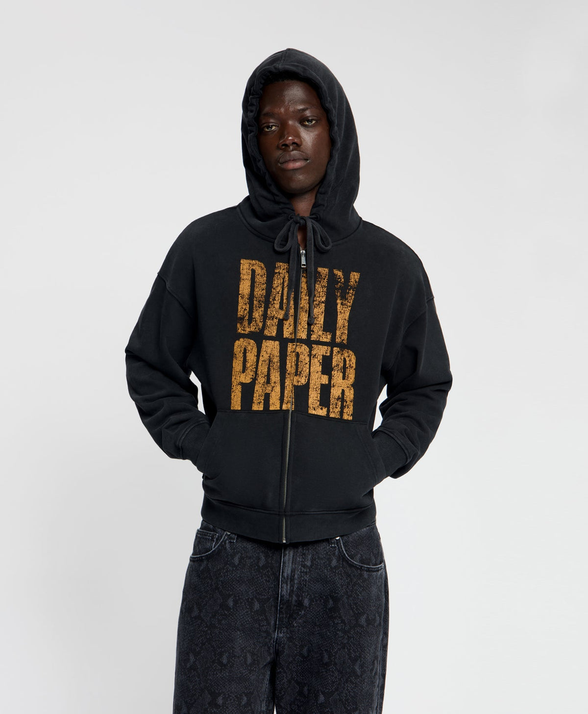 Black Vintage Stay Informed Boxy Zip Up Hoodie