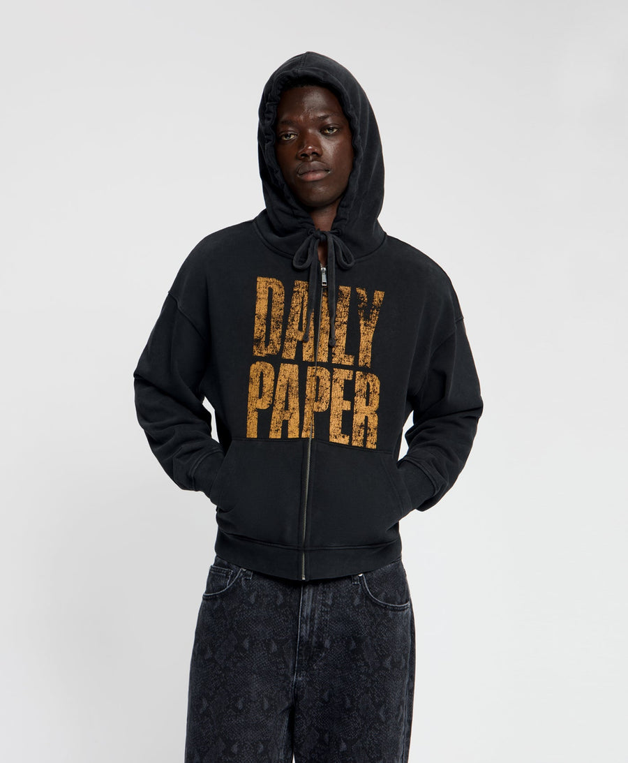 Black Vintage Stay Informed Boxy Zip Up Hoodie