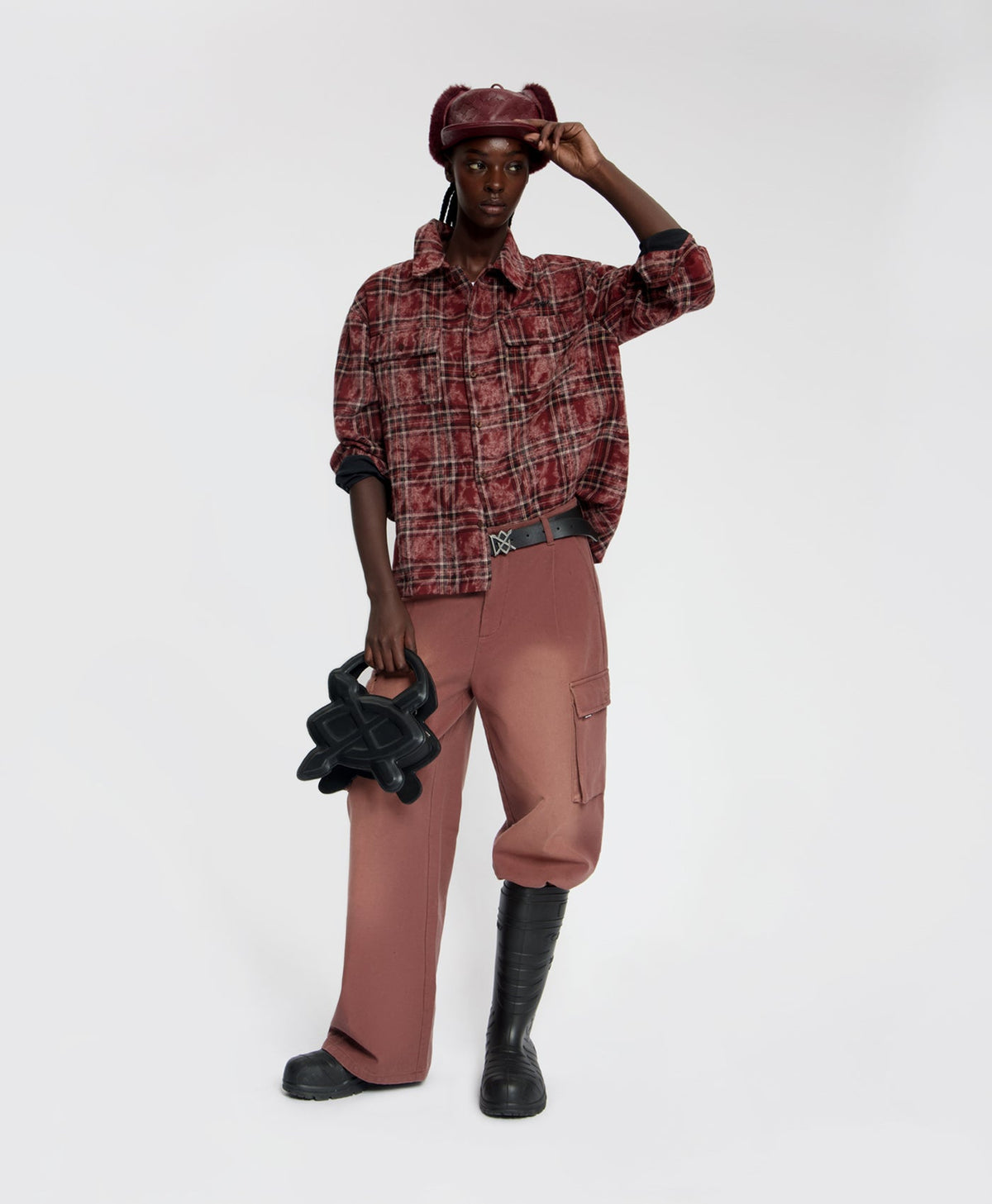 Boxy Burgundy Washed Check Flannel Shirt