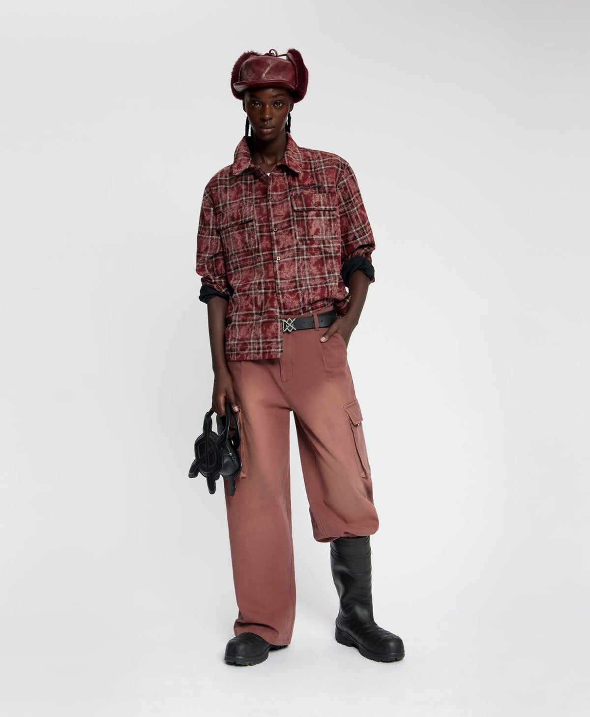 Boxy Burgundy Washed Check Flannel Shirt