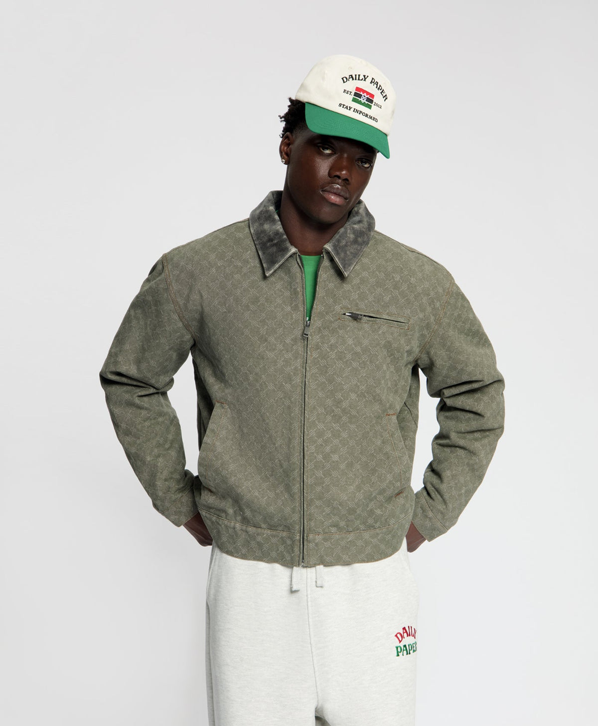 Army Green Leather Collar Monogram Workwear Jacket