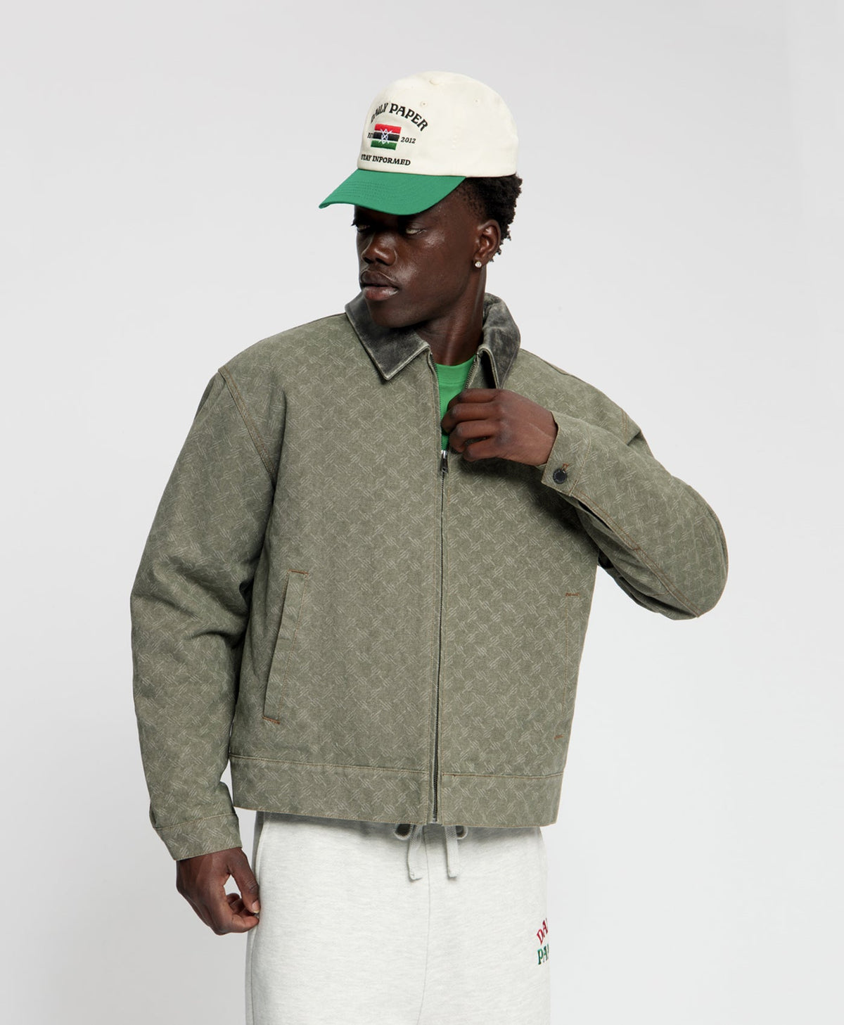 Army Green Leather Collar Monogram Workwear Jacket