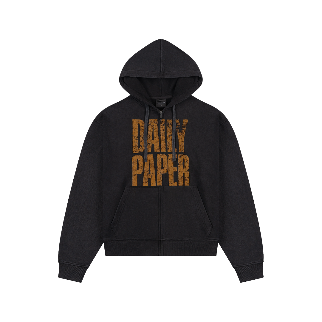 Black Vintage Stay Informed Boxy Zip Up Hoodie